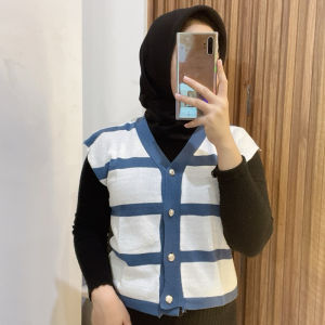 Vest Rompi Wanita Rajut Full Kancing Tanpa Lengan Casual Model Wanita Dewasa Korea Knitwear Termurah V Neck Basic / Atasan Tanpa Lengan Striped