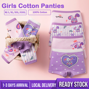 4 PCS SET Kids Panties Breathable Soft Girl’s Underwear 100% Cartoon Solid Cotton Short Briefs Seluar Dalam Gadi 3-14 Years儿童内裤