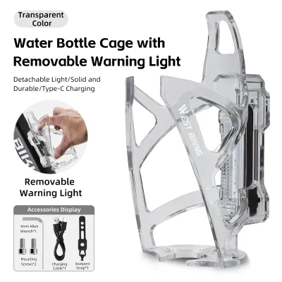 Bicycle Water Bottle Cage Built-In Tail Lights Type-C Charging Mountain Road Bike Cup Holder Night Riding Safety Warning Bike Bottle Bracket Cycling Accessories