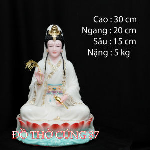 [ Cao 30 cm  Màu Trắng + xanh + Đỏ ] Tượng Quan Âm Tọa Đài Sen Chất Liệu Bột Đá - Hàng Nhập Khẩu