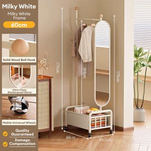 MOD Floor Standing Coat Rack with Full Length Mirror | Multifunction Clothes Hanger with Basket | Nordic Style Floor Clothes Rack | Bedroom Organizer