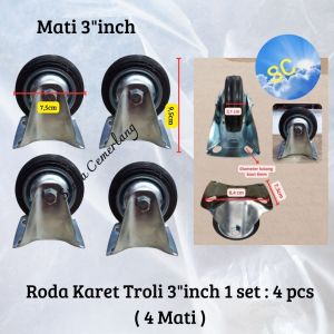 Roda troli troly Karet Mati 3" inch Caster kastor 1 set 4 pcs