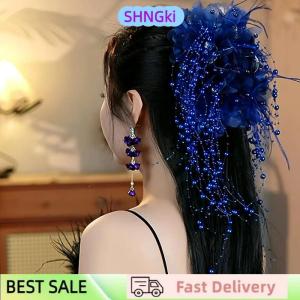 SHNGki Women Luxury Mesh Flower Pearls Tassels Hair Clips Female Fluffy Shark Hair Claws Hair Accessories Headdress