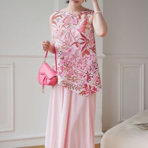 6970 Xia Sanzhai Pleated Classic Style Print National Style Versatile Casual T-Shirt Top  Print One Size (45-75kg)