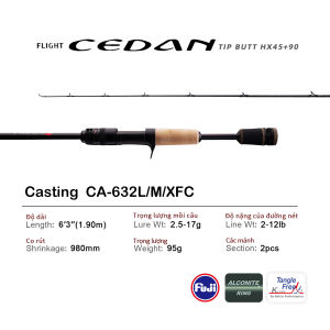Cần Câu PURELURE NEW CEDAN - Đầu cần đặc chuyên Bass - Chất liệu sợi carbon 36T - Dùng được cho cả Casting và Spinning (Baitcasting) - Trọng lượng mồi: 2.5g-12g - Độ cứng Fast - Phù hợp câu Cá Hồi (Trout) và Cá Rô (Perch).