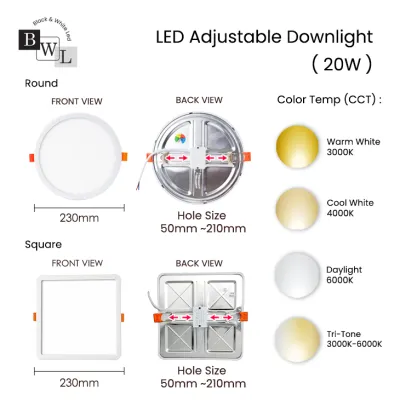 [Buy 3 Free 1]BWL LED LIGHT Recessed Light/LED Downlight Square/ Round Downlight Tri-Tone/3000k/6000k/6W/8W/15W/20W