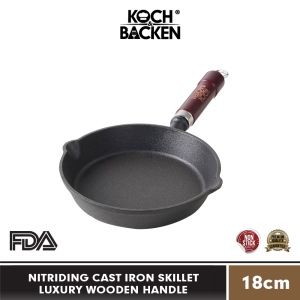 KOCH&BACKEN Nitriding Pre-seasoned Cast Iron Skillet Luxury Wooden Handle 18cm - Wajan Panci Gagang Kayu Anti Lengket Besi Cor Murni