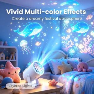 SFFGF USB Powered Christmas Projector Light Adjustable Stand 360 Degree Rotating Ocean LED Projector Stage Lamp Ocean-Themed Snowflake Background Light Bedroom
