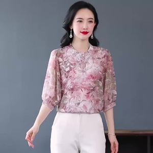 SNUG เสื้อแขนยาว ภาพจริง เสื้อเชิ้ตแขนสามส่วนพิมพ์ลายฤดูร้อนปี 2025 ลดอายุ เสื้อเบลาส์ผู้หญิงขนาดใหญ่ที่มีสไตล์ ผ้าโพลีเอสเตอร์น้ำหนักเบา สไตล์เร ใส่สบาย