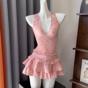 TOP WOMEN PH Women’s Pink Floral Two-Piece Tankini Swimsuit Set – V-Neck Smocked Top with Tiered Ruffle Skirt Beach & Pool Swimwear