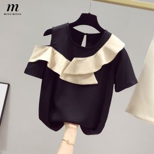 223MISUMIXIU Short-sleeved Chiffon Blouse Womens 2025 Summer New Elegant Off-the-shoulder Contrast Color Ruffle Tops Ladies