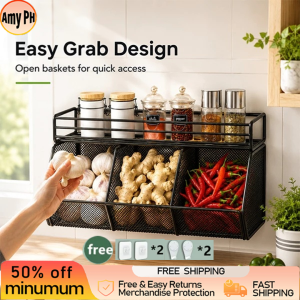 Wall Mounted Kitchen Organizer Rack Spice Storage With Hanging Basket For Fruits Vegetables Onion Space‑Saving Kitchen Shelf  Ship Today
