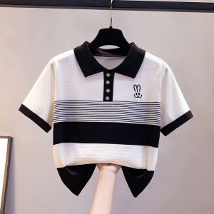 BL20982 Bunny Monochrome Stripe Polo Knit Top