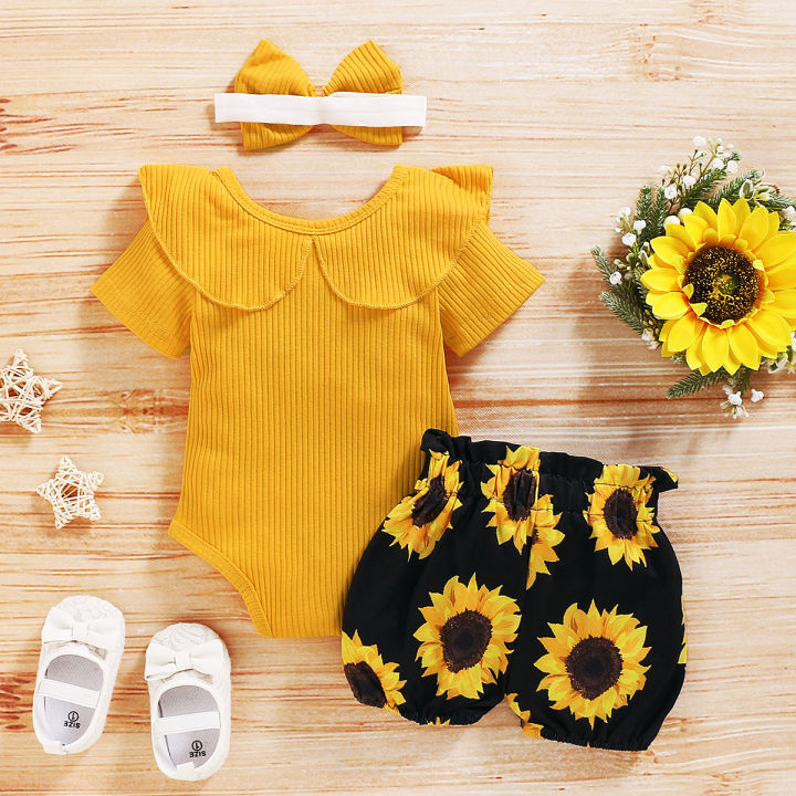 2023 Baby Summer Clothing Newborn Baby Girl Floral Clothes Short Sleeve  Romper Jumpsuit+Sunflower Tutu Shorts 3Pcs Outfits Set