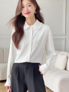 AMMIN 2025 Korean Style Sweet Ruffle Lapel White Commuter Shirt for Women Autumn New Single-Breasted Design Long Sleeve Elegant Blouse