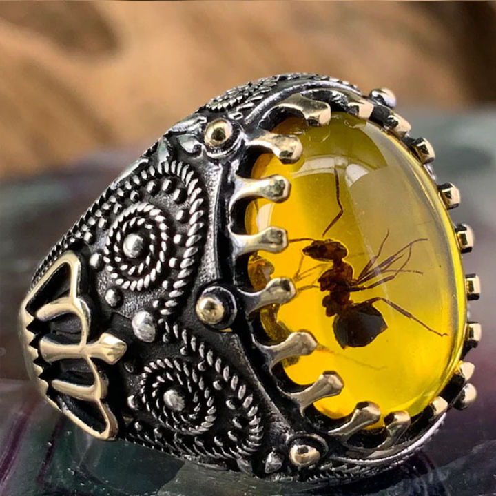 Mens Oval Simulation Amber Stone Statement Ring Classic Tone