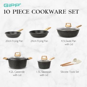 GiPP 10pcs Anti lengket Peralatan Masak Dapur Wajan Penggorengan Nonstick Frying Pan Cookware Set Even Heat Distribution Cocok untuk semua kompor Bebas PFAS & PTFE & PFOA