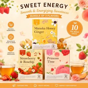 Sweet Energy Japan Fruity Herbal Tea Bundle 30 Tea Bags | Manuka Honey Ginger Strawberry Rosehip Princess Time
