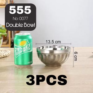 3pcs Stainless Steel Bowl Double Walled Bowl Restaurant Dining Bowl Anti-hot Thick Bowl