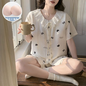 COD Summer new pajamas with chest pads womens cloud cotton bow lace short-sleeved shorts sweet princess style loungewearDFDSSAGFG