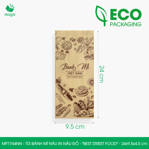 MFT1N4NN - 24x9.5x4.5 cm - 500 Túi bánh mì Nâu in sẵn họa tiết BEST STREET FOOD - Bao bánh mì Túi giấy thực phẩm an toàn