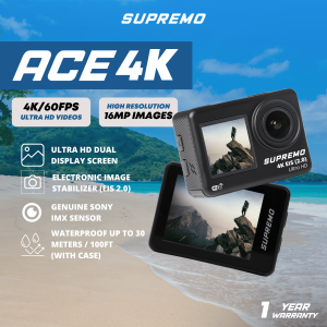 Supremo Ace 4K Dual Display Waterproof Action Camera  Black 4K / 60FPS Remote Control WiFi Waterproof Case