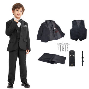 LOlanta 5Pcs Kids Black Tuxedo Classic Wedding Party Set with Bow Boys Adjustable Strap Suspenders and Band Childrens Fashion White Shirt Formal Birthday Party Wear Students Suit Set for Prom and Piano Performance