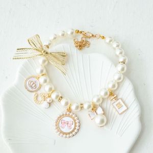 YAZHE Pink Wedding Jewelry Stuff Dog Chain Puppy Accessories Princess Pearl Pet Collars Cat Jewelry Necklace Bow Collar