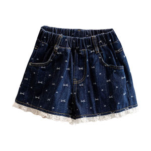 PRINCESS KESLI กางเกงยีนส์เด็ก กางเกงยีนส์ขายาวเด็กผู้หญิง แต่งลูกไม้ชายกางเกง ขากว้างหลวม เอวยางยืด แฟชั่น 1-9 ปี