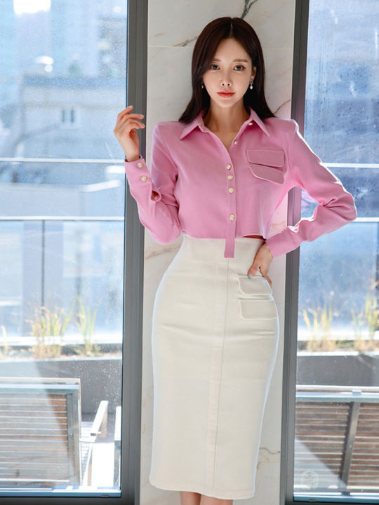 New style mid-length white shirt (Pink), Lazada