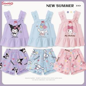 Sanrio Cinnamoroll Kuromi Childrens Girl Clothing Set Cartoon Cotton Girls Cute Anime Cartoon Printed Camisole Top+shorts