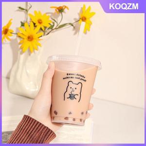 KOQZM Kawaii Water Bottle For Coffee Juice Milk Tea Cute Plastic Cold Cups With Straw Lid Portable Reusable Drinking Bottle BPA Free