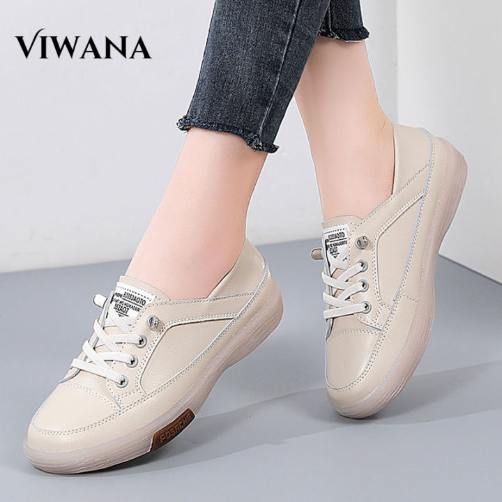 VIWANA Women Flat Shoes Genuine Leather White Sneakers For Women