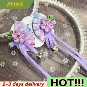 PkYeG Japanese Kimono Fabric Flower Folding Fan Children Hair Accessories Clip Tassel Headwear Headdress Barrette