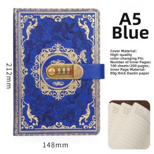 WAPKTY Vintage Style Combination Lock Notebook Pen Loop PU Embossed Cover Lined Pages Locking Journal Personal Journaling
