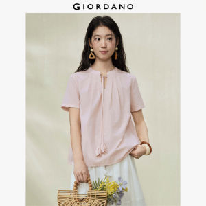Giordano Women Floral tie small V-neck woven short sleeve shirt - High Quality Free Shipping 18346707