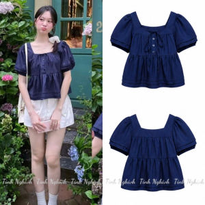 Áo babydoll croptop chất Gió Hàn - Thiết kế thắt dây nơ cổ chữ U tay phồng phối cúc dọc