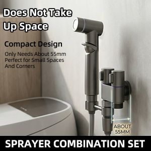 Grey Brass Bidet Spray Set 2-Way Angle Valve Mini Space Saving Double Outlet Tap Handheld Faucet