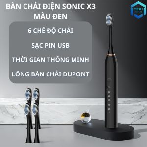 Bàn Chải Điện Đánh Răng Sonic X3 MÀU ĐEN Thông Minh 6 Chế Độ Làm Sạch Tặng Kèm 4 Đầu Thay Thế Lông Mềm Cao Cấp | TEKI