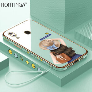 Hontinga Casing Case For Samsung Galaxy A30 A20 Case Fashion Cute Hat Girl Luxury Chrome Plated Soft TPU Square Phone Case Full Cover Camera Protection Anti Gores Rubber Cases For Girls