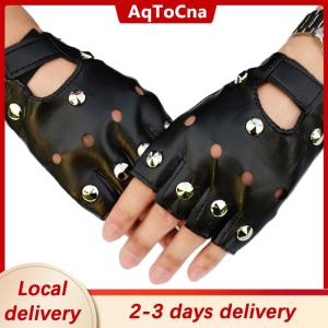 [COD] AqToCna Ship within 24 hours Leather Fingerless Short Gloves Black Rivets Stud Half Finger Mittens Fashion