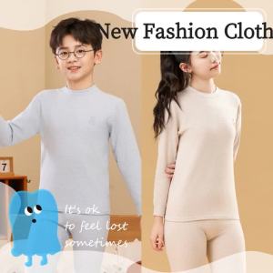 Autumn Winter Childrens Solid Color Soft Cotton Base Layer Underwear Set for Boys and Girls Mid-Neck Warm Homewear Pajamas