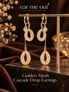 [SG] Golden Mesh Cascade Drop Earrings | Gold Double Teardrop Dangle Earrings with Crystal Accent | Elegant Glam Dinner Party & Evening Jewellery | ear me out (EMO-377)