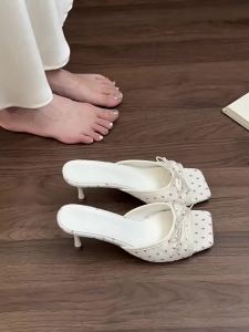 Summer Floral High Heels Women Slippers Fashion Square Toe Slip On Shoes Ladies Outdoor Party Dress Slides