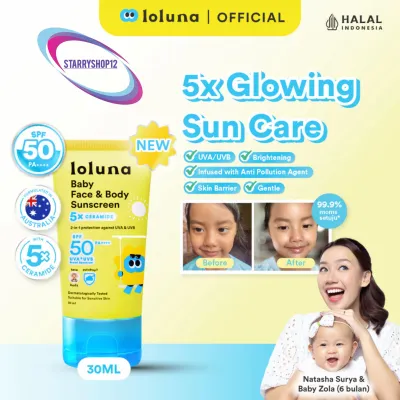 LOLUNA Baby Face & Body Sunscreen 30ml - SPF 50+ PA++++/ 5x Ceramide /Niacinamide/ Proteksi Lengkap UVA UVB/ Anti Polusi/ Brightening/ Skin Barrier/ Gentle Loluna loluna