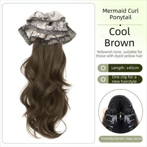 BMFUEW Chinese Style Claw Clip Wavy Ponytail Elegant Synthetic Long Curly Ponytail Hairpiece Hair Accessories Fake Ink Painting Floral Print Scrunchie Wig for Women