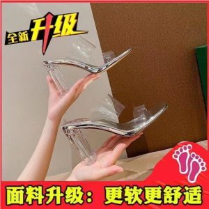 [Free Shipping] Square-toed high-heeled sandals for women European style new model chunky heel transparent slip-on sandals
