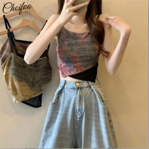 ChoiFoo Choisoo เสื้อชั้นในสตรีพร้อมแผ่นรองหน้าอก Cewek Seksi เสื้อบังทรงผ้ามัดย้อมแฟชั่นเสื้อแขนกุดเข้ารูปพอดีเสื้อกั๊กสั้นเสื้อแขนกุดเสื้อสายเดี่ยวเป็นมิตรกับผิวนุ่มแนะสวมสบาย