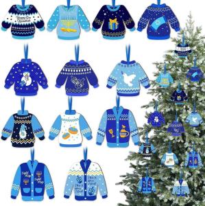 [COD] 12-piece wooden Christmas sweater ornaments with reindeer snowman designs in bright red green classroom Christmas party decorations