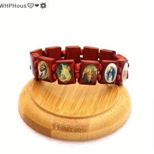 WP💓💛💖 Wooden Rosary Bracelet - Elegant Religious Icon Stickers Drip Oil Finish Spiritual Beaded Prayer Jewelry For Devotional Wear